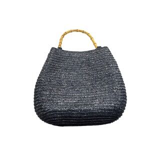Condura Australia Black Woven Straw Handbag Bamboo Handle Boho Resort Tote